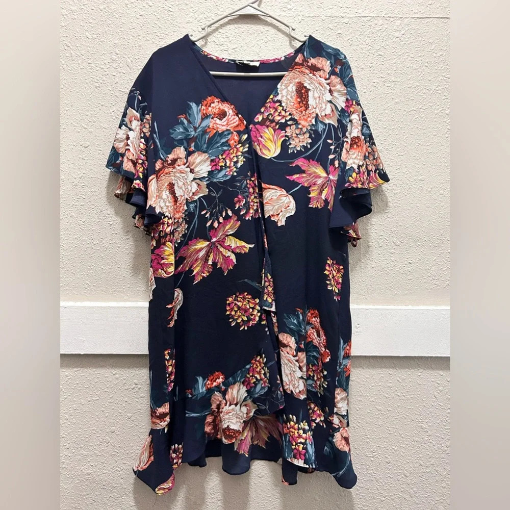 Umgee Navy & Floral Faux Wrap Dress with Flutter Sleeves L (Read Description)